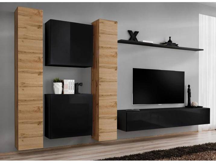 Wohnwand im eleganten Design Balestrand 93, Farbe: Eiche Wotan / Schwarz - Abmessungen: 180 x 330 x 40 cm (H x B x T), mit 12 Fächern von easyMÖBEL