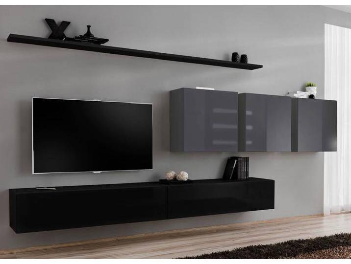 Wohnwand Balestrand 106 im modernen Design Schwarz/Grau 150 x 340 x 40 cm 5 Türen Push-To-Open Hochglanz-Fronten von easyMÖBEL