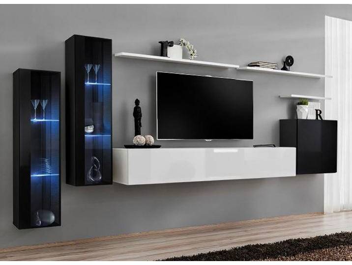 Wohnwand Balestrand 166 Schwarz/Weiß Modernes Design 160x330x40 cm Push-to-open Hochglanz-Fronten Viel Stauraum von easyMÖBEL