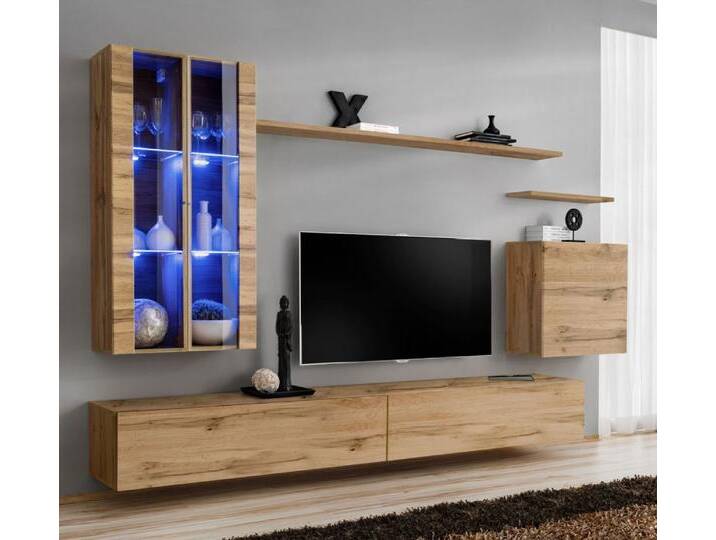 Wohnwand im modernen Design Balestrand 180, Farbe: Eiche Wotan - Abmessungen: 160 x 270 x 40 cm (H x B x T), mit genügend Stauraum von easyMÖBEL