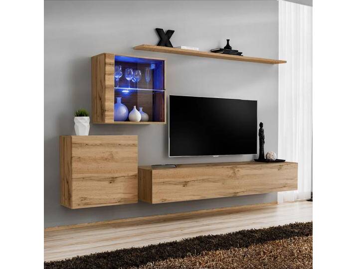 Wohnwand im modernen Design Balestrand 228, Farbe: Eiche Wotan - Abmessungen: 150 x 250 x 40 cm (H x B x T), mit Push-to-open Funktion von easyMÖBEL