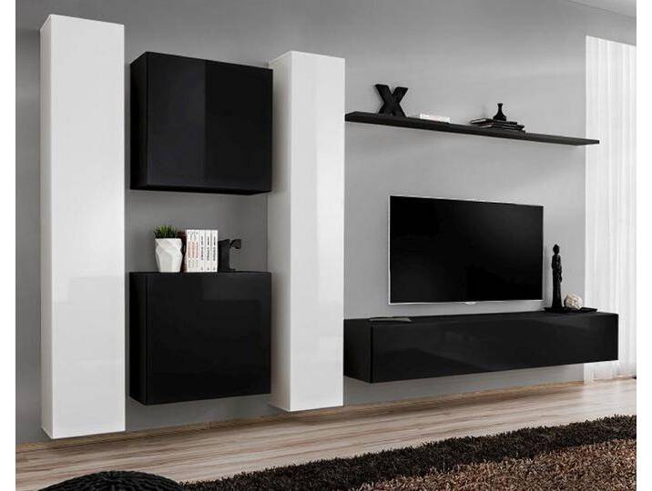 Wohnwand Balestrand 85 Modernes Design in Weiß/Schwarz 180x330x40 cm Vier Türen Push-to-Open Hochglanz-Fronten von easyMÖBEL