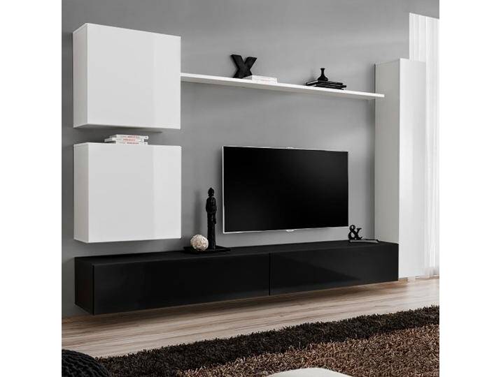Wohnwand im modernen Stil Balestrand 117 Farbe: Weiß / Schwarz - Abmessungen: 180 x 280 x 40 cm (H x B x T), mit Push-to-open Funktion von easyMÖBEL