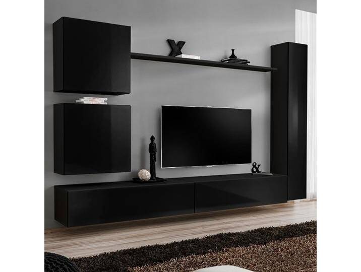 Wohnwand im schlichten Design Balestrand 114, Farbe: Schwarz - Abmessungen: 180 x 280 x 40 cm (H x B x T), mit Push-to-open Funktion von easyMÖBEL
