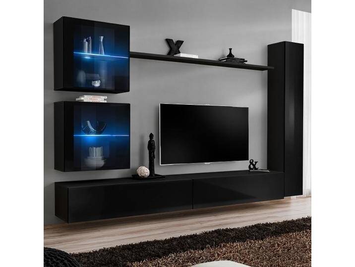 Wohnwand im schlichten Design Balestrand 274, Farbe: Schwarz - Abmessungen: 180 x 280 x 40 cm (H x B x T), mit Push-to-open Funktion von easyMÖBEL