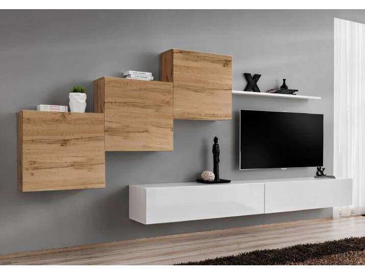 Wohnwand im stylischen Design Balestrand 155, Farbe: Eiche Wotan / Weiß - Abmessungen: 150 x 330 x 40 cm (H x B x T), mit genügend Stauraum von easyMÖBEL