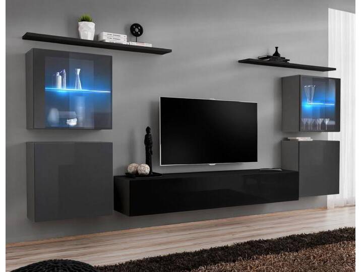 Wohnwand im stylischen Design Balestrand 217, Farbe: Grau / Schwarz - Abmessungen: 160 x 320 x 40 cm (H x B x T), mit Push-to-open Funktion von easyMÖBEL
