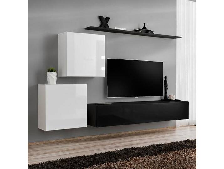 Wohnwand im stylischen Design Balestrand 69, Farbe: Weiß / Schwarz - Abmessungen: 150 x 250 x 40 cm (H x B x T), mit Push-to-open Funktion von easyMÖBEL