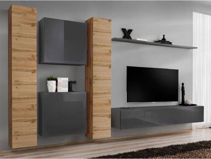 Wohnwand im stylischen Design Balestrand 95, Farbe: Eiche Wotan / Grau - Abmessungen: 180 x 330 x 40 cm (H x B x T), mit Push-to-open Funktion von easyMÖBEL