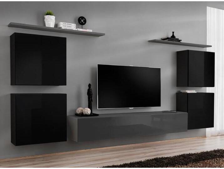 Wohnwand in außergewöhnlichen Design Balestrand 58, Farbe: Schwarz / Grau - Abmessungen: 150 x 320 x 40 cm (H x B x T), mit fünf Türen von easyMÖBEL