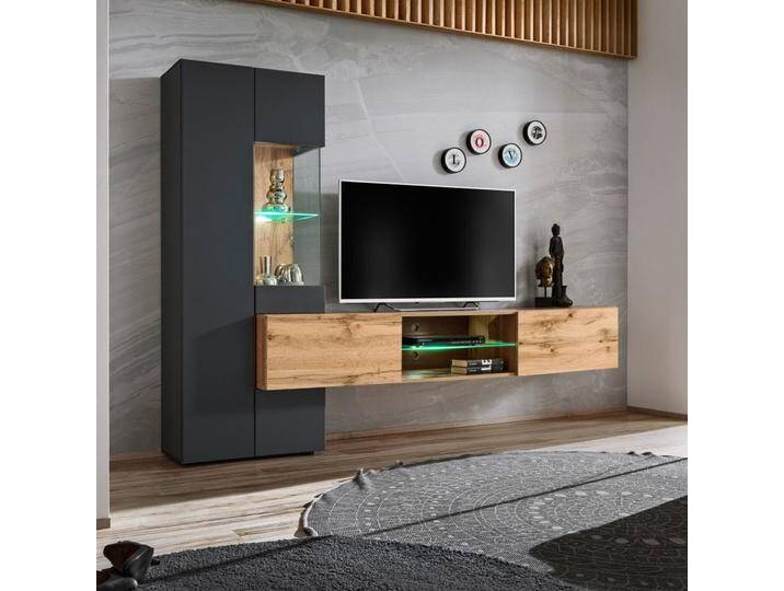Wohnwand mit 13 Fächern Bjordal 21, Farbe: Eiche Wotan / Anthrazit - Abmessungen: 160 x 210 x 40 cm (H x B x T), mit LED-Beleuchtung von easyMÖBEL