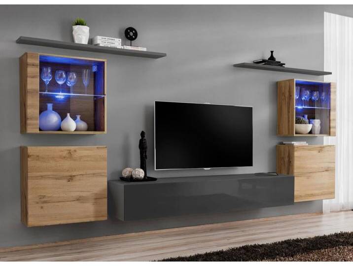 Wohnwand mit LED-Beleuchtung Balestrand 223 Eiche Wotan/Grau 160x320x40 cm 11 Fächer Push To Open Platzsparend & Modern von easyMÖBEL