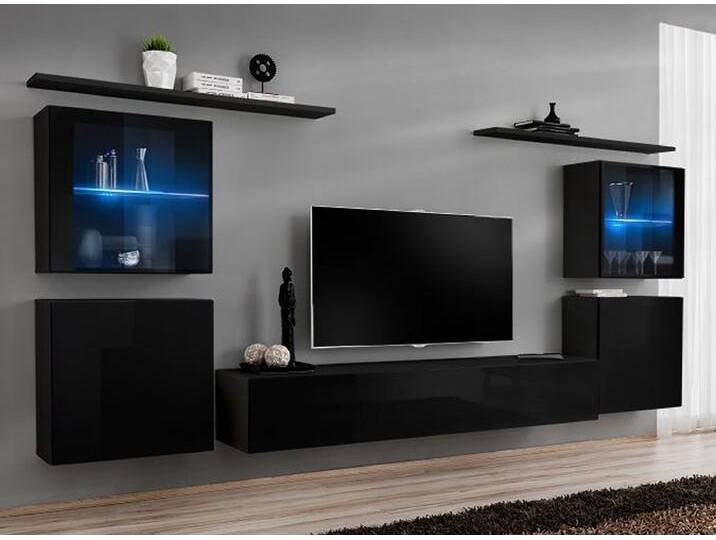 Wohnwand mit Push-to-open Funktion Balestrand 210, Farbe: Schwarz - Abmessungen: 160 x 320 x 40 cm (H x B x T), mit LED-Beleuchtung von easyMÖBEL