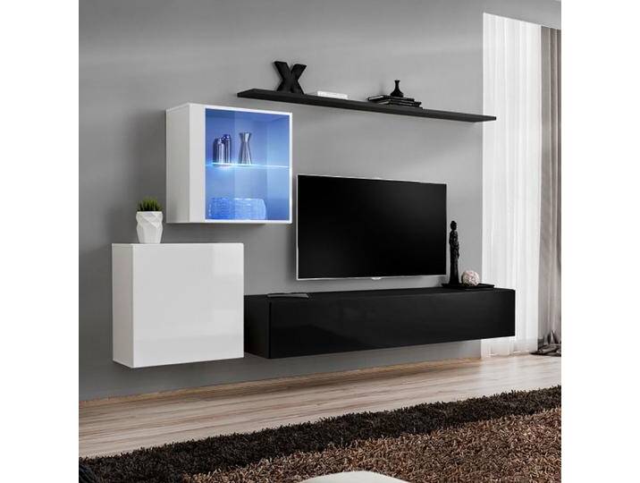 Wohnwand mit Push-to-open Funktion Balestrand 229, Farbe: Weiß / Schwarz - Abmessungen: 150 x 250 x 40 cm (H x B x T), mit sieben Fächern von easyMÖBEL