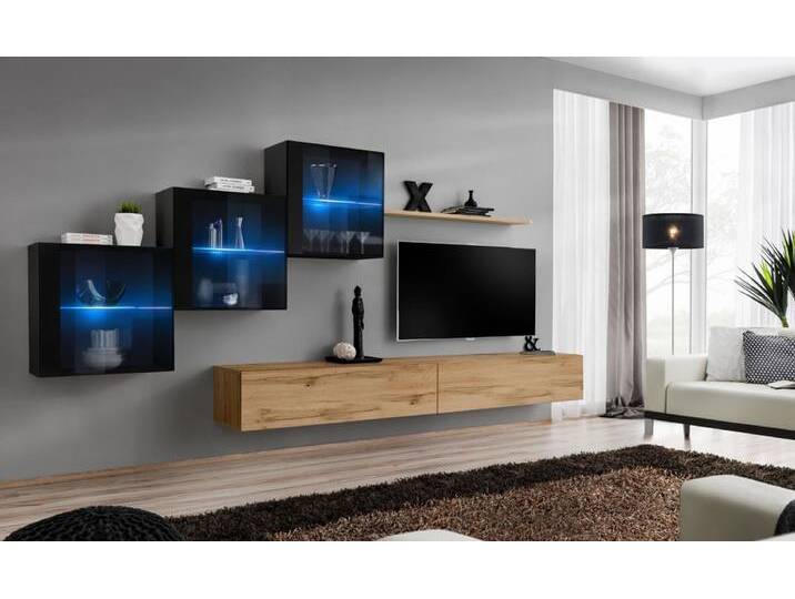 Wohnwand mit Push-to-open Funktion Balestrand 318, Farbe: Schwarz / Eiche Wotan - Abmessungen: 150 x 330 x 40 cm (H x B x T) von easyMÖBEL