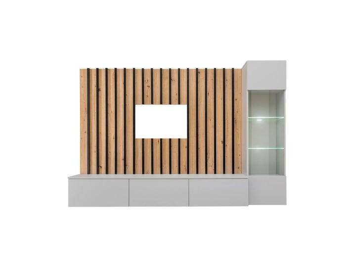 Wohnwand mit Wandpaneel Kinn 04, Farbe: Eiche Artisan / Grau - Abmessungen: 148 x 220 x 35 cm (H x B x T), mit vier Türen und 8 Fächern von easyMÖBEL