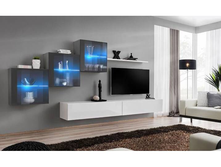 Wohnwand Balestrand 312 Grau/Weiß Modernes Design 5 Türen 150x330x40 cm Push To Open LED Beleuchtung Hochglanz Fronten von easyMÖBEL