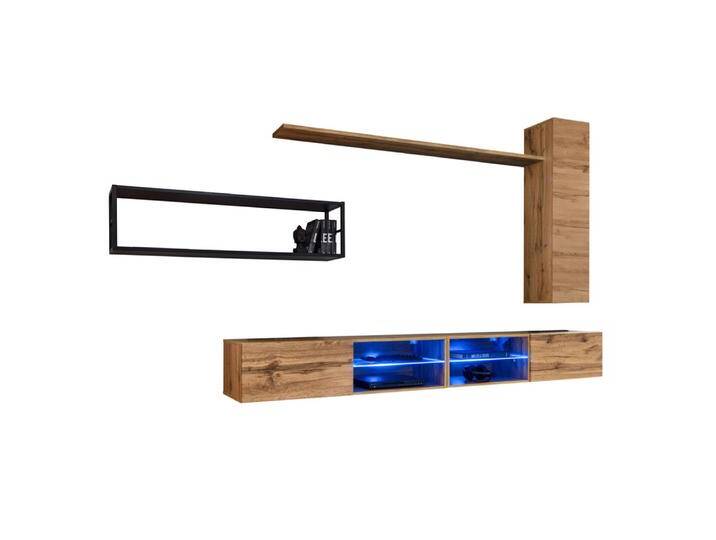 Wohnwand mit blauer LED-Beleuchtung Valand 16, Farbe: Eiche Wotan - Abmessungen: 170 x 300 x 40 cm (H x B x T), mit genügend Stauraum von easyMÖBEL