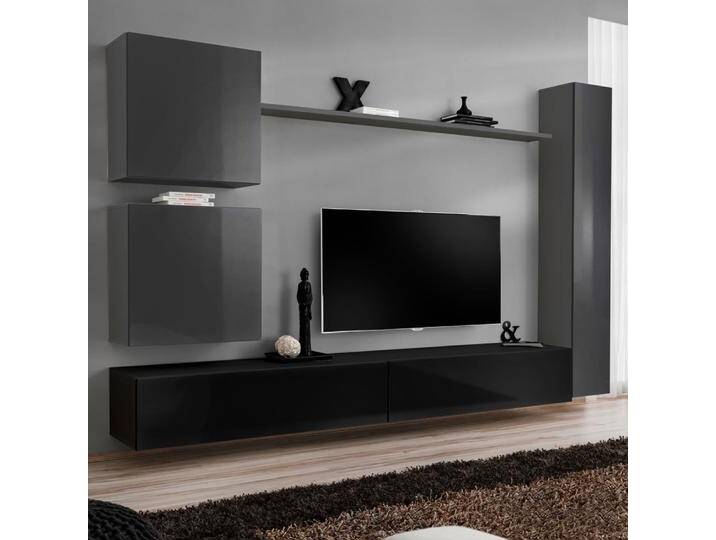 Wohnwand mit eleganten Design Balestrand 121, Farbe: Grau / Schwarz - Abmessungen: 180 x 280 x 40 cm (H x B x T), mit Push-to-open Funktion von easyMÖBEL