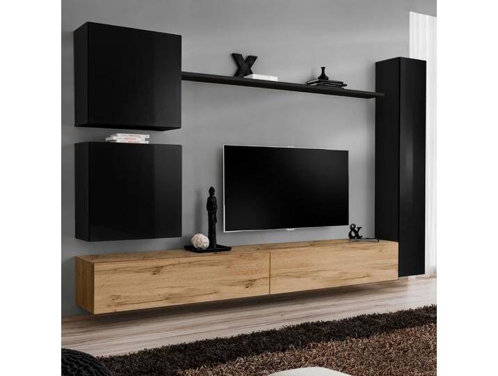 Wohnwand mit eleganten Design Balestrand 126, Farbe: Schwarz / Eiche Wotan - Abmessungen: 180 x 280 x 40 cm (H x B x T), mit 16 Fächern von easyMÖBEL
