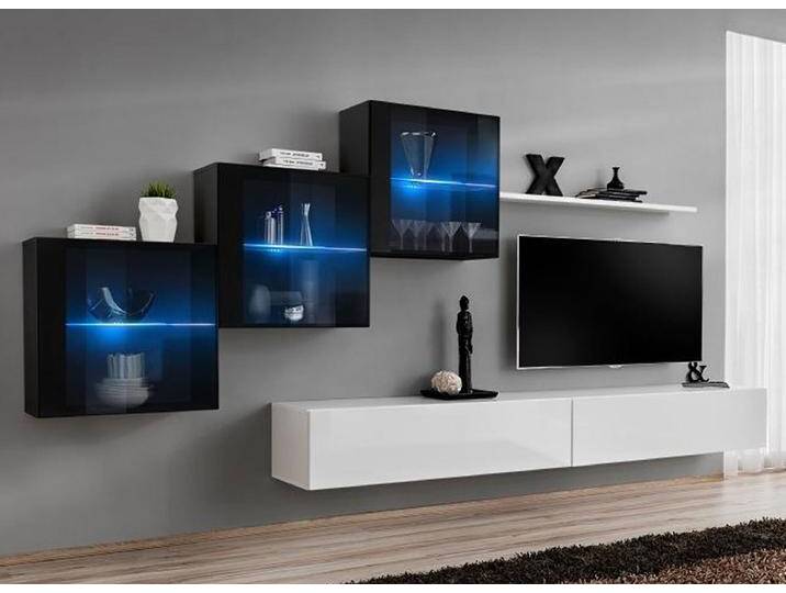 Wohnwand, Schwarz & Weiß, 150x330x40 cm, Holzwerkstoff, Push-to-Open, Modern & Maritim von easyMÖBEL