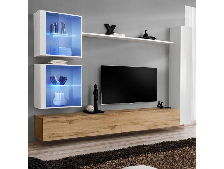 Wohnwand mit genügend Stauraum Balestrand 284, Farbe: Weiß / Eiche Wotan - Abmessungen: 180 x 280 x 40 cm (H x B x T), mit Push-to-open Funktion von easyMÖBEL