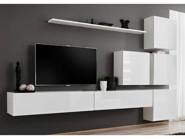 Wohnwand mit modernen Design Balestrand 129, Farbe: Weiß - Abmessungen: 200 x 310 x 40 cm (H x B x T), mit sechs Fächern von easyMÖBEL