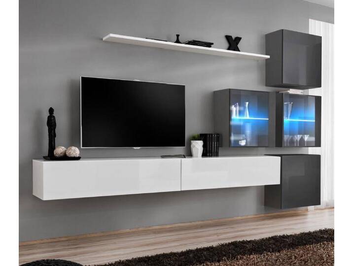 Wohnwand mit zwei Hängevitrinen Balestrand 295 Weiß/Grau LED-Beleuchtung 200x310x40 cm Modernes Design Push-To-Open von easyMÖBEL