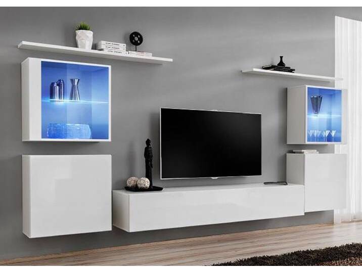 Wohnwand mit zwei Hängevitrinen und zwei Hängeschränke Balestrand 209, Farbe: Weiß - Abmessungen: 160 x 320 x 40 cm (H x B x T), mit LED-Beleucht von easyMÖBEL