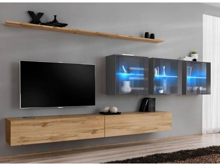 Wohnwand mit zwei TV-Unterschränke Balestrand 271, Farbe: Eiche Wotan / Grau - Abmessungen: 150 x 340 x 40 cm (H x B x T), mit Push-to-open Funktion von easyMÖBEL