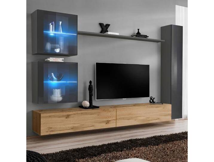 Wohnwand Balestrand 288 Grau/Eiche Wotan 2 TV-Unterschränke Push-to-open 180x280x40 cm Modernes Design Viel Stauraum von easyMÖBEL