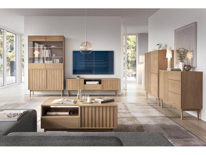 Wohnzimmer Komplett - Set A Acrab, 5-teilig, Eiche Cremona, geriffelte Fronten, Push-to-open Funktion, Japandi-Design, ABS Kantenschutz von easyMÖBEL