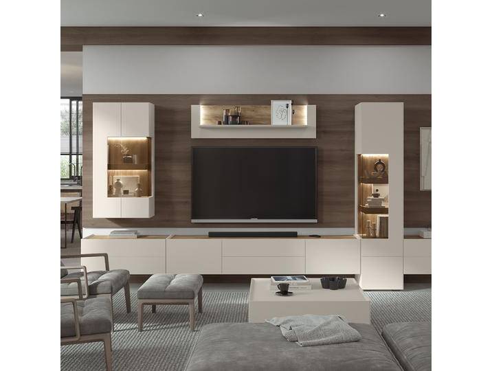 Wohnzimmer Komplett - Set C Asau, 7-teilig, Farbe: Kaschmir / Eiche dunkel von easyMÖBEL