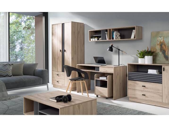 Wohnzimmer Komplett - Set C Niel, 6-teilig, Farbe: Eiche / Anthrazit von easyMÖBEL