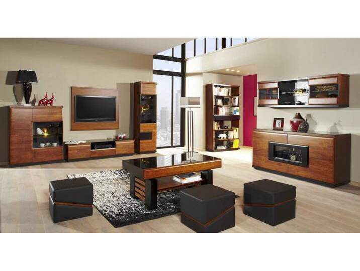 Wohnzimmer Komplett - Set C Postira, 11-teilig, teilmassiv, Farbe: Walnuss / Schwarz von easyMÖBEL