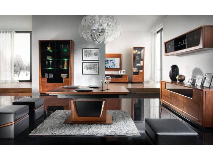 Wohnzimmer Komplett - Set D Lopar, 7-teilig, teilmassiv, Farbe: Nuss / Schwarz von easyMÖBEL