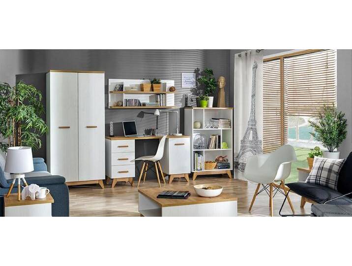 Wohnzimmer Komplett - Set F Panduros, 7-teilig, Farbe: Kiefer Weiß / Eiche Braun von easyMÖBEL