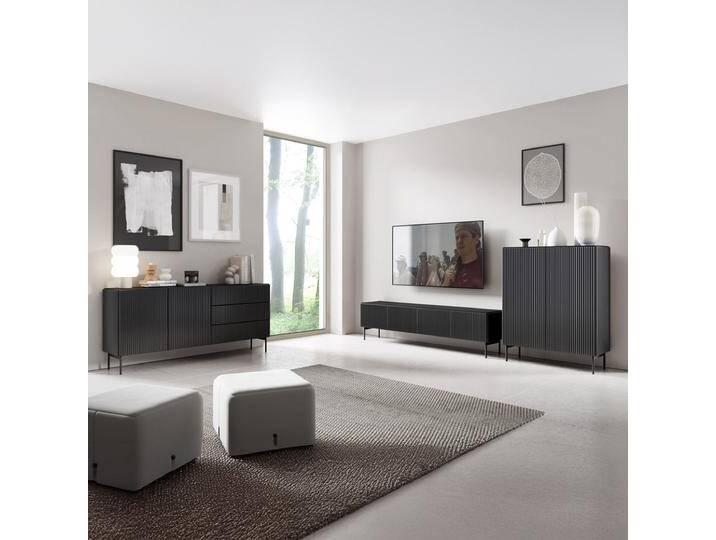 Wohnzimmer - Set B Goulette 3-teilig Farbe: Schwarz geriffelte Front Push-to-open Funktion Beine: Metall 1 TV-Schrank 2 Kommoden Wohnzimmer - Set B Goulette 3-teilig Farbe: Schwarz geriffelte Front Push-to-open Funktion Beine: Metall 1 TV-Schrank 2 Kommoden von easyMÖBEL