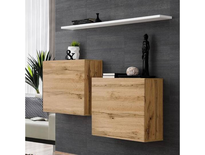 Zwei moderne Hängeschränke mit Wandregal Balestrand 331, Farbe: Eiche Wotan / Weiß - Abmessungen: 110 x 130 x 30 cm (H x B x T), mit Push-to-open von easyMÖBEL