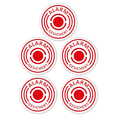 5er Aufkleber-Set Alarm-gesichert I hin437 I Ø 4 cm I Achtung Gebäude, Objekt besitzt Alarmanlage I für Fenster-Scheibe, Tür I innenklebend von easydruck24de