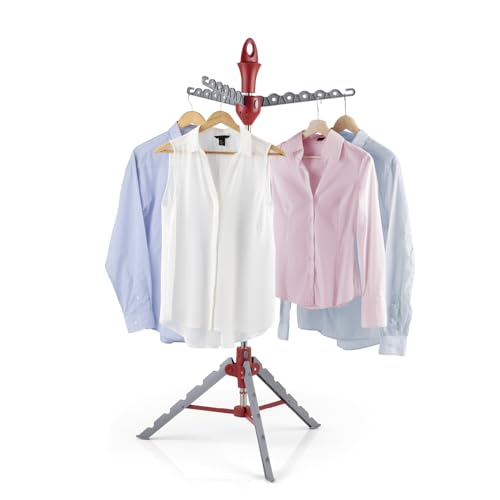 EASYmaxx Wäscheständer Vario für Hemden | Zusammenklappbare Wäschespinne für Bügel | Höhenverstellbar | Wäschetrockner, Kleiderständer mit Kleiderhaken für Bügelwäsche [grau/rot] von EASYmaxx