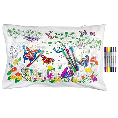 eatsleepdoodle Schmetterling-Kissenbezug zum Ausmalen, spielerisches Lernen, waschbar und wiederverwendbar, inkl. 10 auswaschbare Stifte, 75x50cm, 100% Baumwolle von eatsleepdoodle