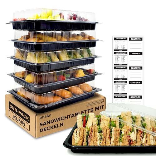 ebake Mehrweg Servierplatte mit Deckel (5 Stk. à 34 x 24,5 x 7,4 cm) - Meal Prep Boxen für Partys usw. - Inklusive Sticker-Etiketten von ebake