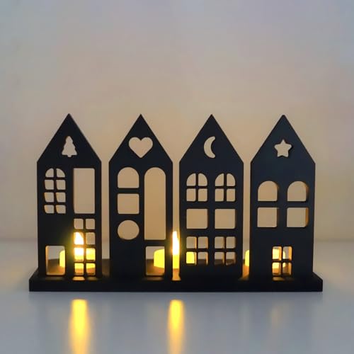 ebenkunst | Weihnachtsdeko - Häuser mit Teelichthalterung | 25x15x10cm Schwarze Tischdekoration aus Holz, Aufstelldeko innen, Fensterbild, Windlicht, Kerzenständer von ebenkunst