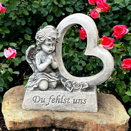 eberin · Friedhof Grabengel · In Stiller Andacht kniet Dieser Trauerengel mit der Botschaft: 'Du fehlst Uns' · Trauerengel · Trauerherz · grau antik · von eberin