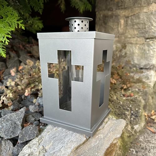 eberin · Grab Laterne Kreuz zum Stellen · Grablaterne-Metall · stabile Grablampe mit Dach · Kreuz Grablicht Grau-Matt · Glaszylinder · von eberin