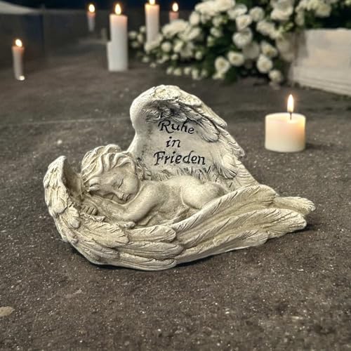 eberin · Grabdeko Schlafender Engel in großen Flügeln – EIN Symbol des ewigen Friedens · Grabschmuck für den Friedhof · XS Grabengel mit Trauerspruch Ruhe in Frieden · von eberin