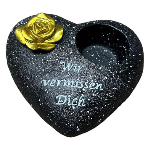 eberin · Herzliches Gedenken: Grabherz mit Kerzenhalter und goldener Rose · Trauerspruch: Wir vermissen Dich · schwarzer wetterfester Polystein · Grabdekoration 18x20cm von eberin