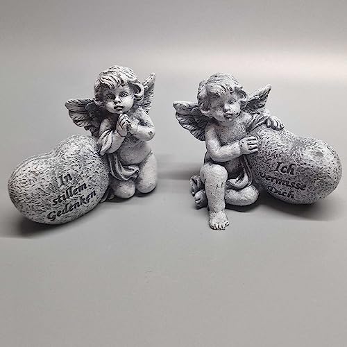 eberin · Kleiner Gedenkstein mit Engel · Engel Deko Figur · Grabschmuck · Engel mit Herz fürs Grab · Grabengel Friedhof (Set mit 2 Engel) von eberin