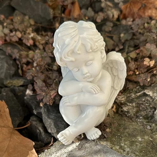 eberin · Engel Deko Figur · Grabschmuck · Engel sitzend im Gedenken · Grabengel Friedhof · Trauerengel · Grabdeko mit Engel · weiß antik · von eberin